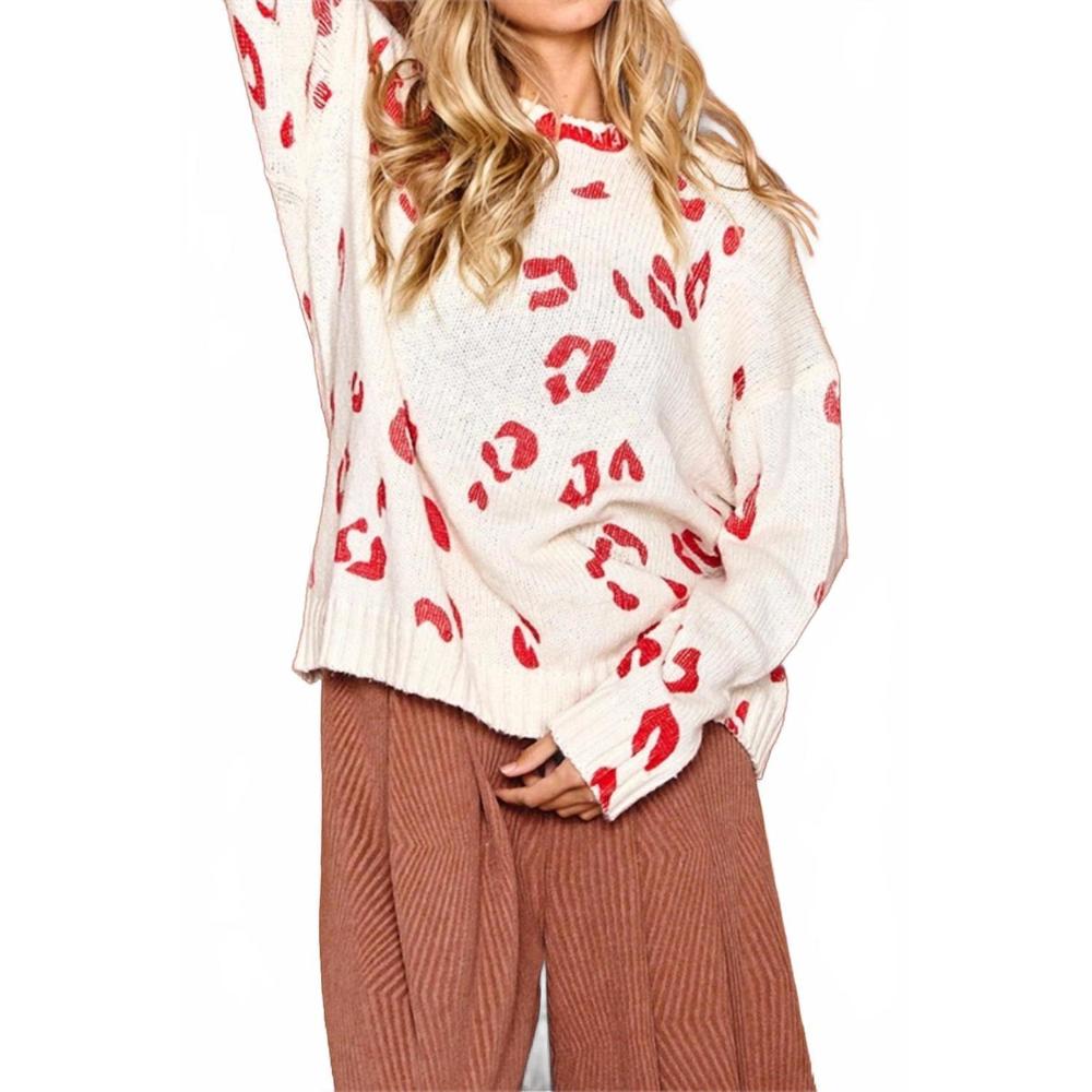 NEW TIME AFTER TIME long sleeve knit sweater in cream & red